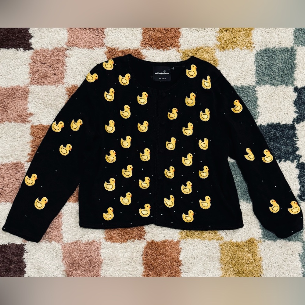 Michael Simon Black Cardigan with Yellow Duck Pattern